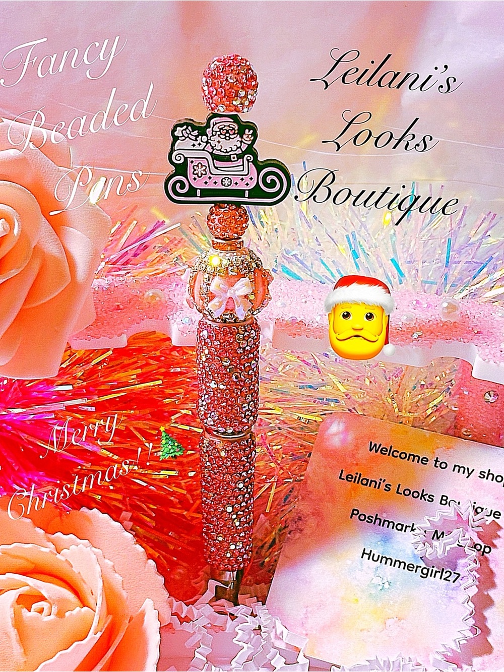 Fancy beaded Pen/gifts/pink Santa/pink beads/Christmas time/
